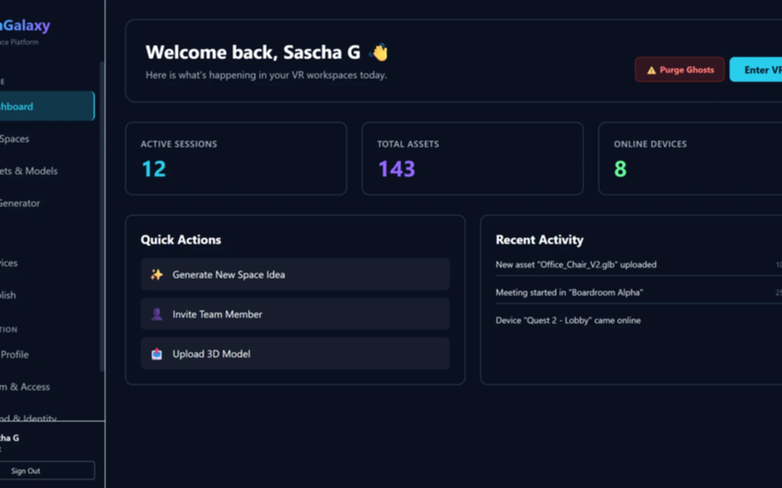 GreenGalaxy administration view for managing immersive spaces