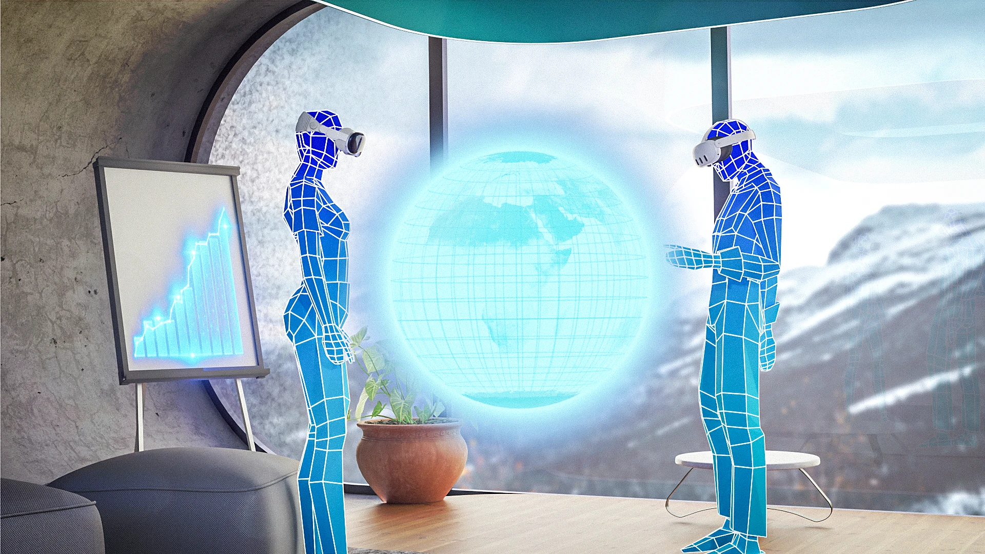 A global network visual showing connected people and spatial business environments
